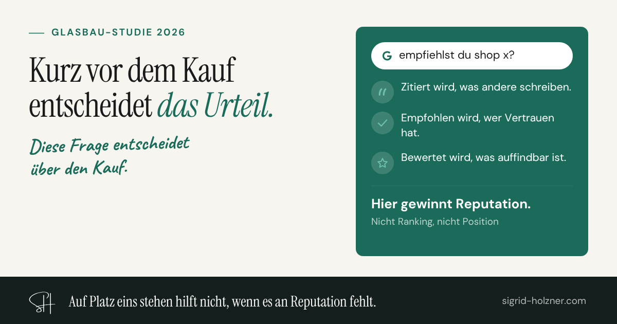 Kurz vor dem Kauf entscheidet das Urteil: Bei der Suche &bdquo;empfiehlst du Shop X&ldquo; z&auml;hlt, wer zitiert wird, wem vertraut wird und was auffindbar ist. Hier gewinnt Reputation, nicht Ranking oder Position.