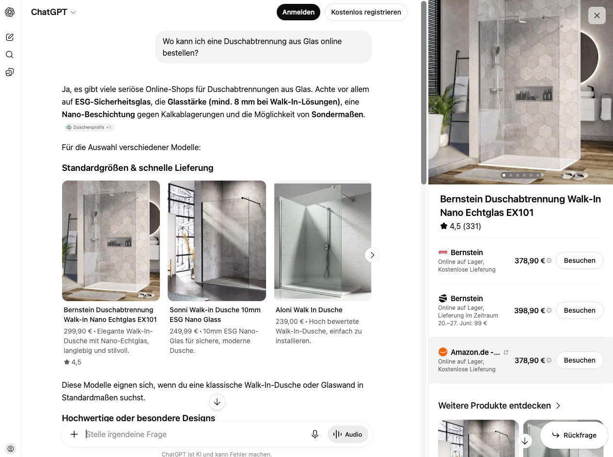 ChatGPT-Produktkarte zur Bernstein Duschabtrennung Walk-In Nano Echtglas EX101, mit drei Bezugsquellen: Otto, Bernstein und Amazon.de zu je 378 bis 398 Euro
