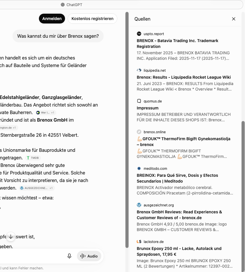 ChatGPT-Quellen-Panel zur Frage Was kannst du mir über Brenox sagen: US-Markenanmeldung von Batavia Trading, Rocket-League-Wiki Liquipedia, Präparat Breinox auf meditodo.com, Autolack Brunox Epoxy auf lackstore.de, dazwischen das echte Bewertungsprofil auf ausgezeichnet.org