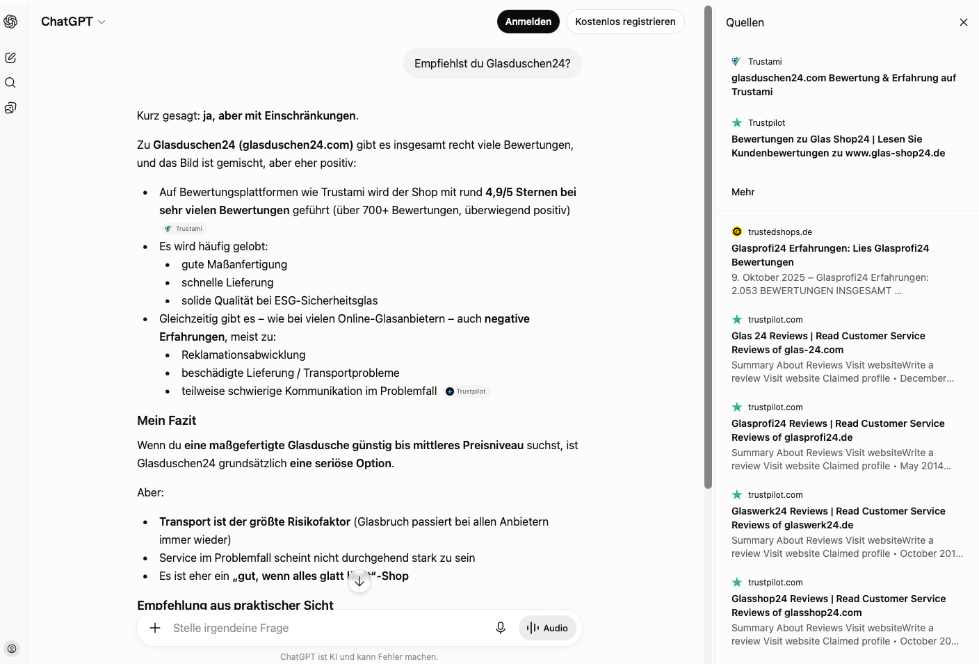 ChatGPT-Quellen-Panel zur Frage Empfiehlst du Glasduschen24: neben dem eigenen Trustami-Profil stehen die Trusted-Shops- und Trustpilot-Seite von Glasprofi24 sowie Trustpilot-Profile weiterer fremder Shops