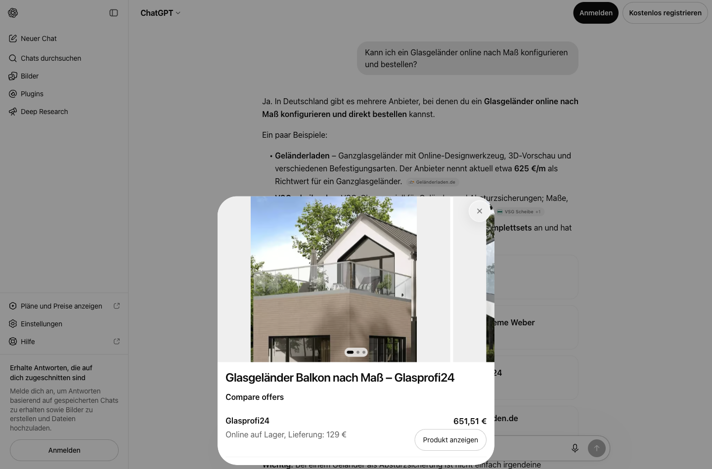 Screenshot aus ChatGPT vom 18. September 2026, abgemeldet. Frage „Kann ich ein Glasgeländer online nach Maß konfigurieren und bestellen?“, geöffnet ist dieselbe Produktkarte „Glasgeländer Balkon nach Maß – Glasprofi24“ mit demselben Foto. Darunter steht jetzt der Bereich „Compare offers“ mit Glasprofi24, 651,51 €, „Online auf Lager, Lieferung: 129 €“ und dem Knopf „Produkt anzeigen“, der zum Shop führt.