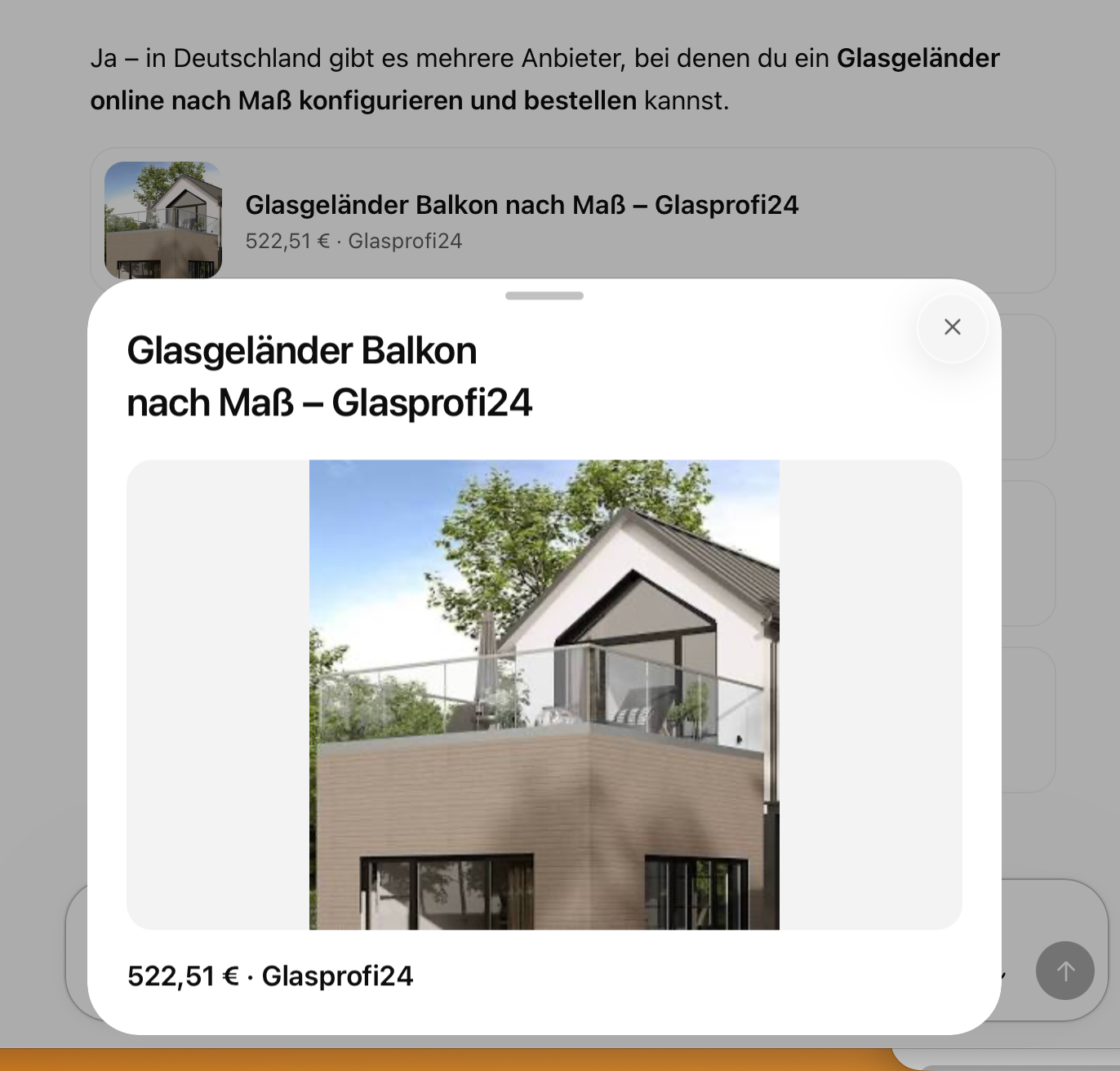 Screenshot aus ChatGPT vom 8. September 2026. Antwort auf die Frage nach einem Glasgeländer nach Maß, geöffnete Produktkarte „Glasgeländer Balkon nach Maß – Glasprofi24“ mit Foto eines Hauses mit Glasgeländer auf der Dachterrasse. Unter dem Bild steht nur „522,51 € · Glasprofi24“, es gibt keinen Knopf und keinen Link zum Shop.