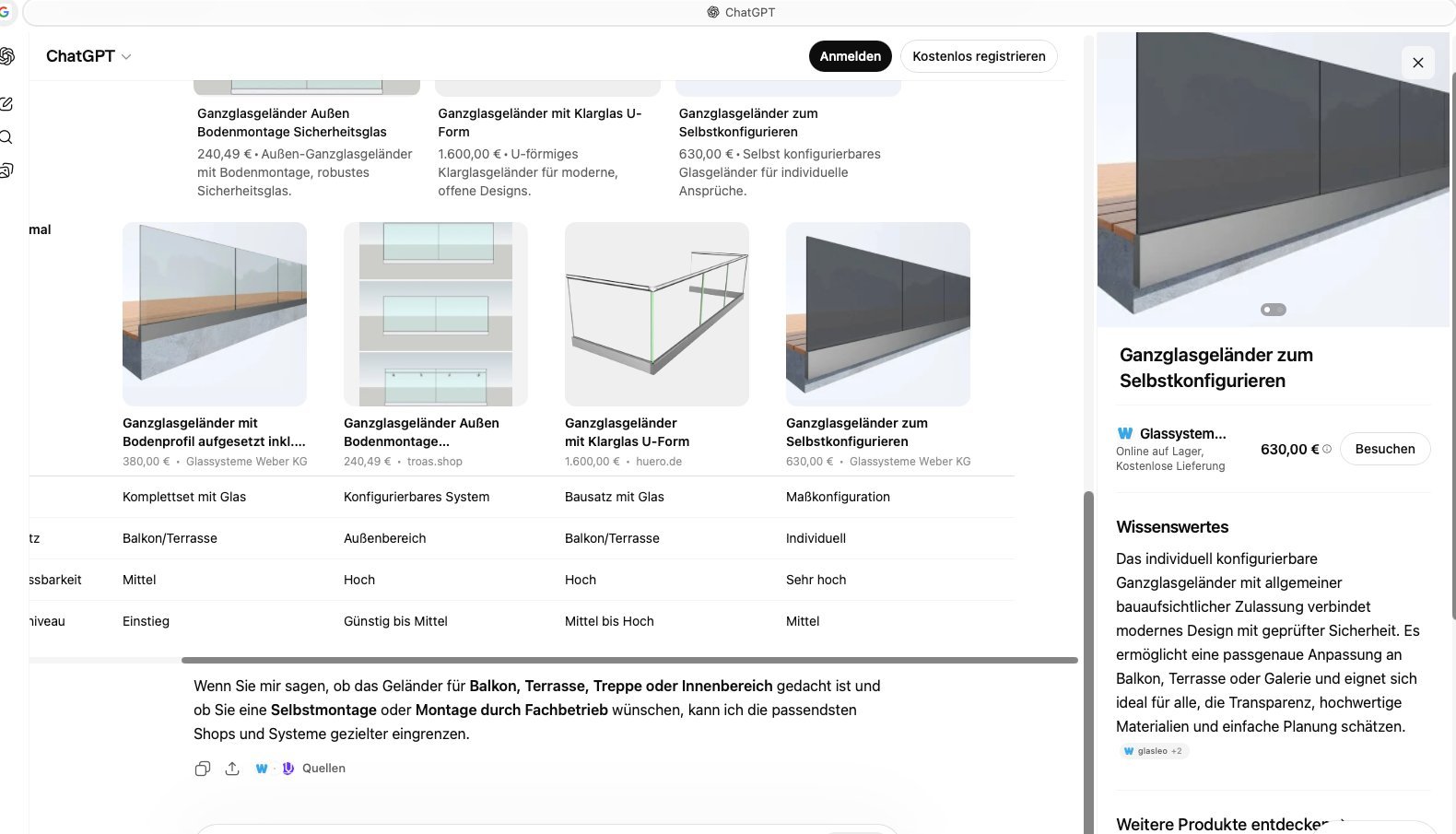 ChatGPT-Antwort auf die Frage Welche Online-Shops bieten Ganzglasgeländer an mit vier Produktkarten von Glassysteme Weber KG, troas.shop und huero.de